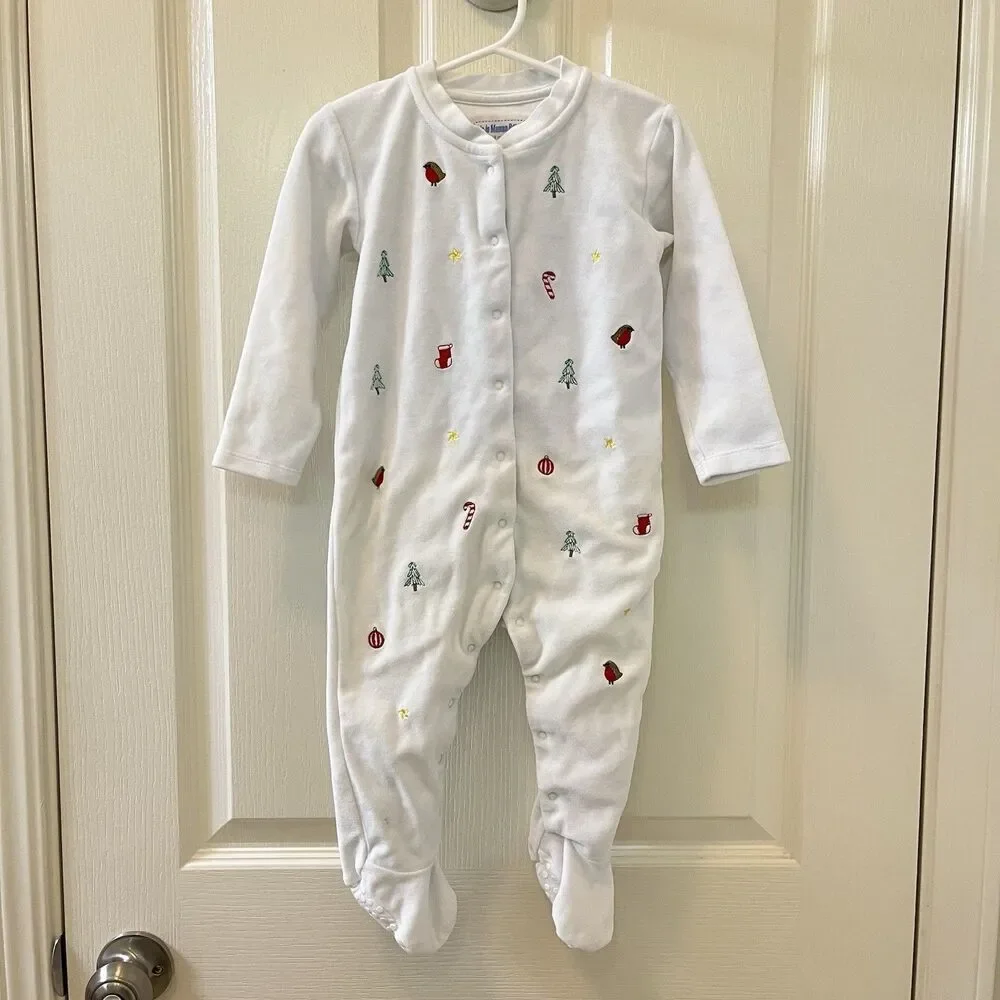 JoJo Maman Bébé White Velour Christmas Embroidered Footie Girls SZ 12-18 Months